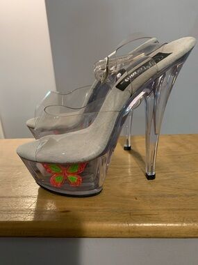 Pleaser Clear Platform Heels with Pink and Green Butterfly Accent - Women Shoes